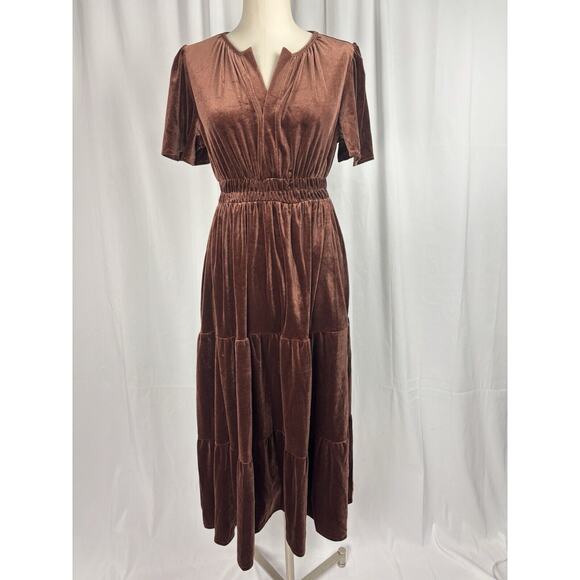 Women’s Velvet Tiered Short Sleeve Elastic Waist Maxi Dress Coffee Brown S - Picture 2 of 9